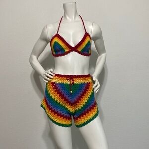Hand Crochet 70’s Coachella Festival Pride Colorful Short Set Size M